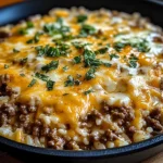 Garlic Butter Beef and Rice Skillet with Cheddar Parmesan Sauce