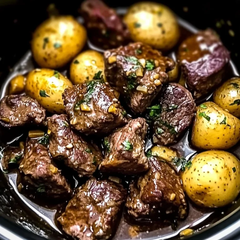 crockpot garlic butter beef bites with potatoes